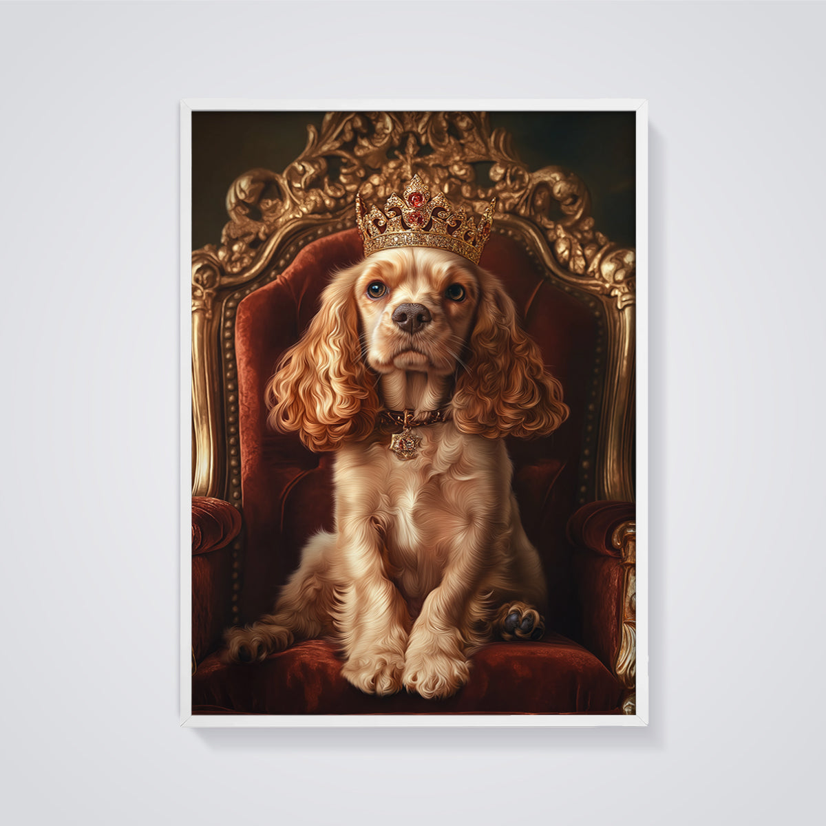 Regal Spaniel Dog Print framed in white on a grey background
