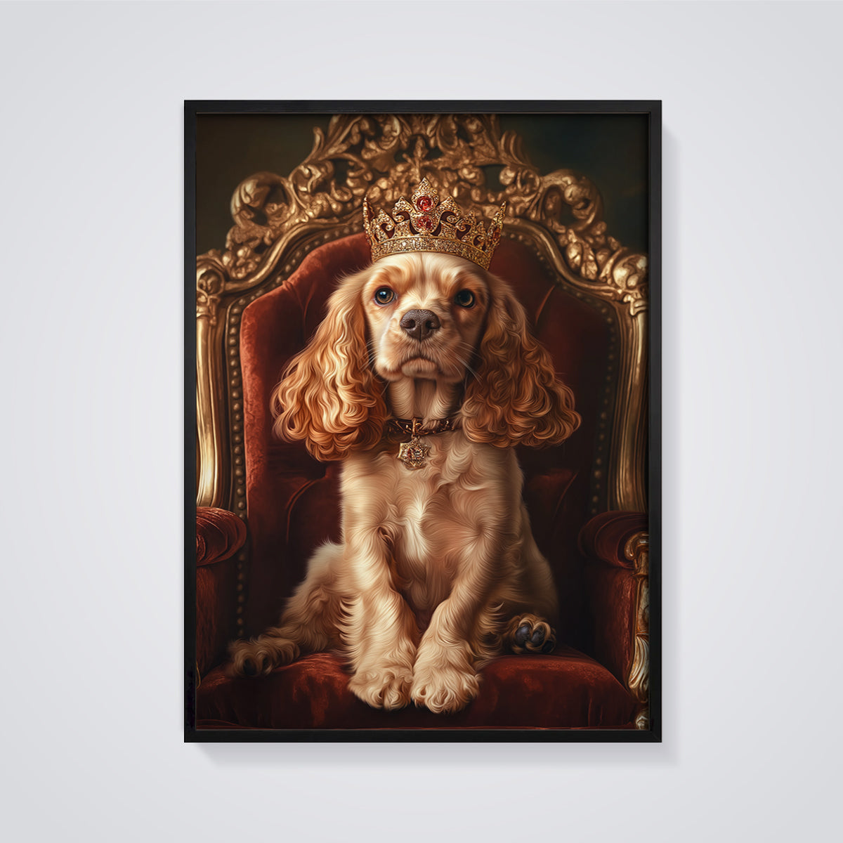 Regal Spaniel Dog Print framed in black on a grey background