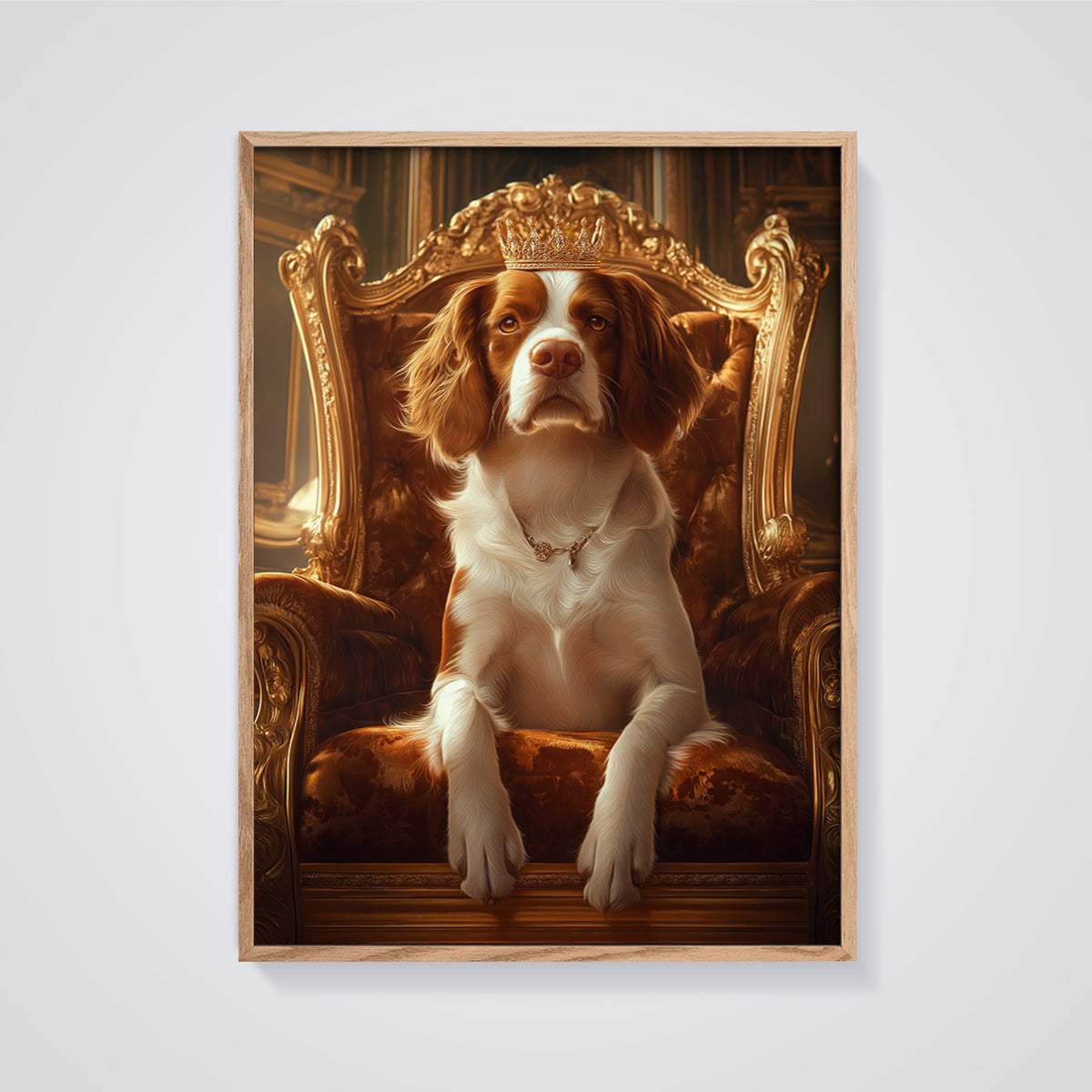 Regal Spaniel Throne Print framed in oak on a grey background