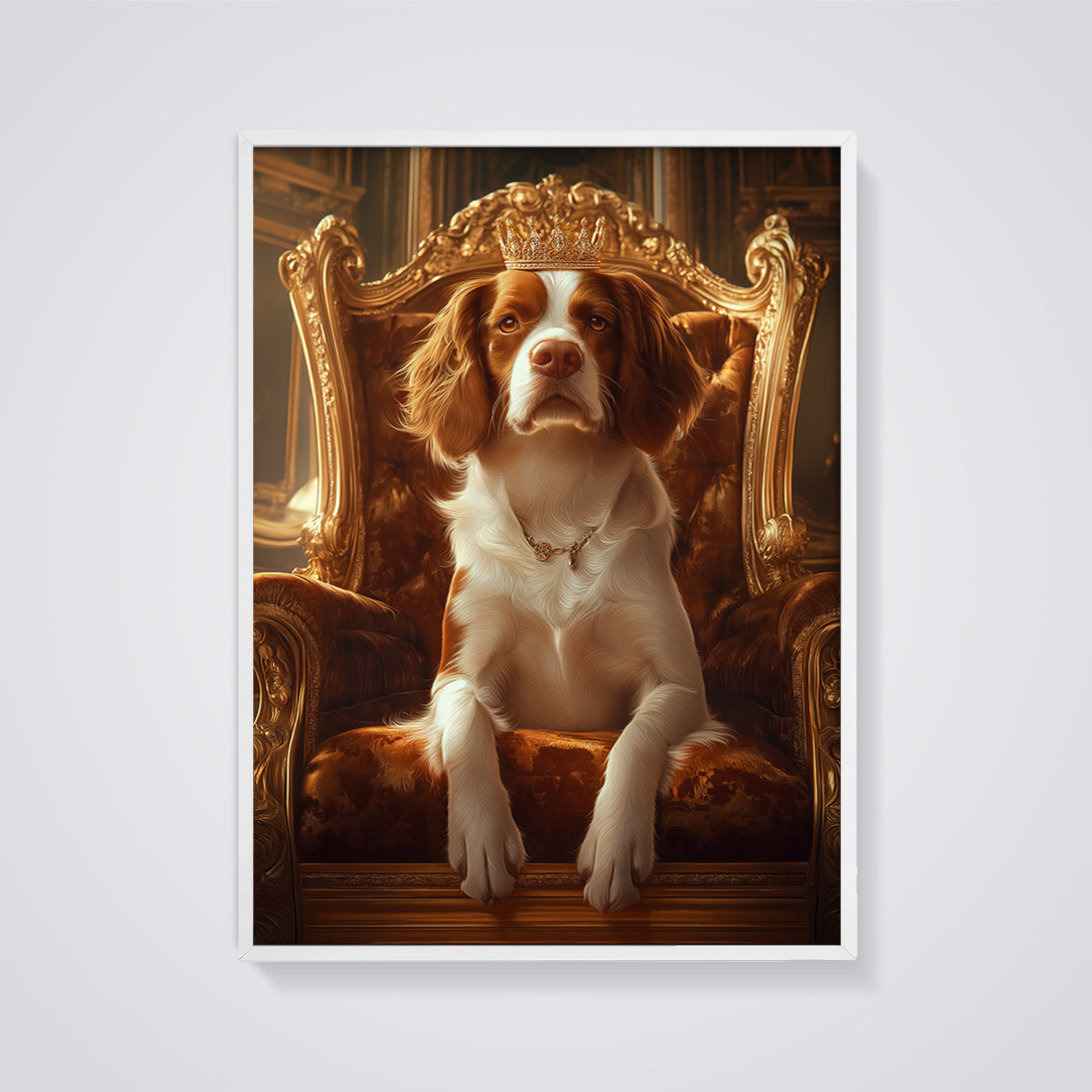 Regal Spaniel Throne Print framed in white on a grey background