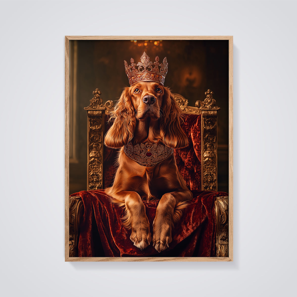 Regal Spaniel Throne Print Aesthetic framed in oak on a grey background