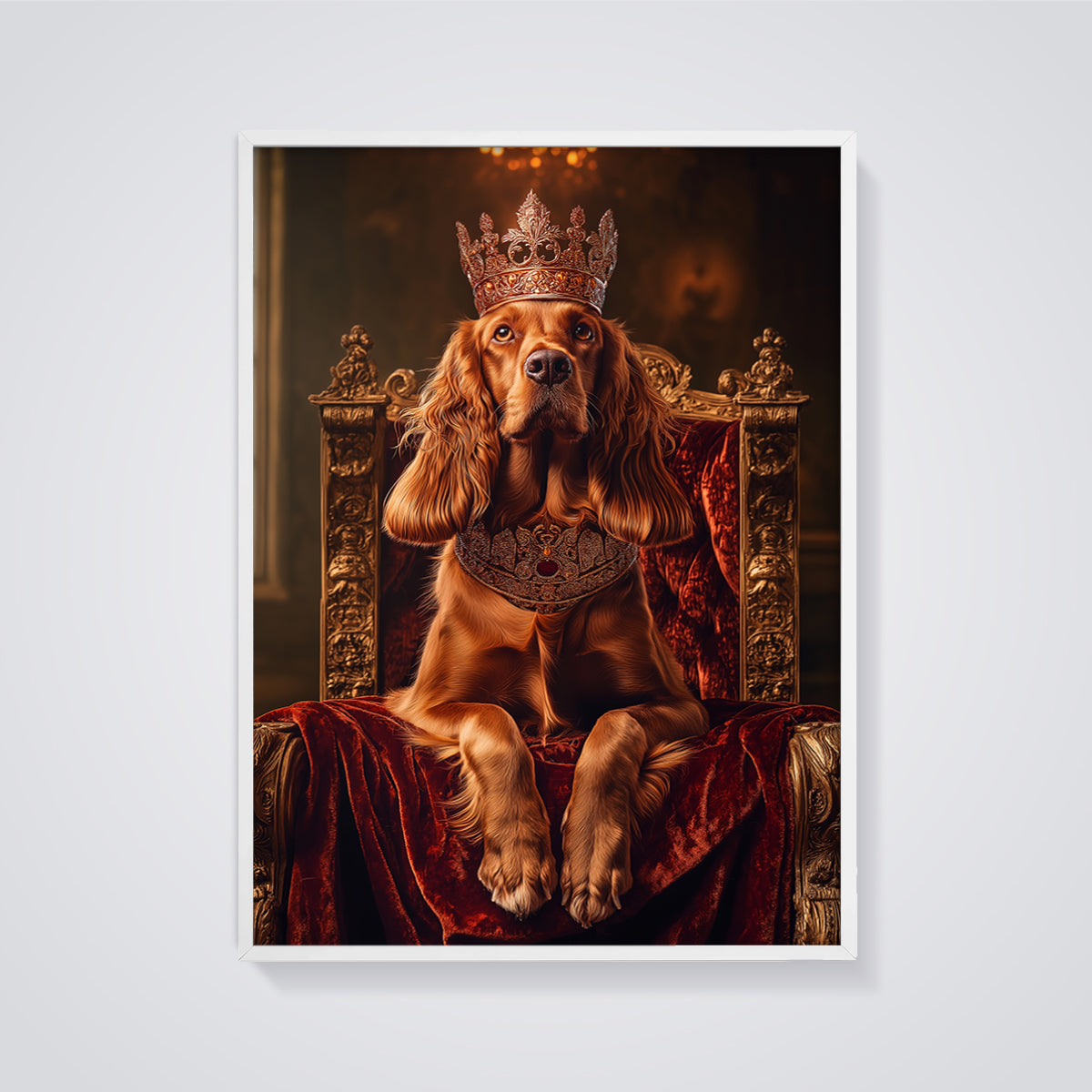 Regal Spaniel Throne Print Aesthetic framed in white on a grey background