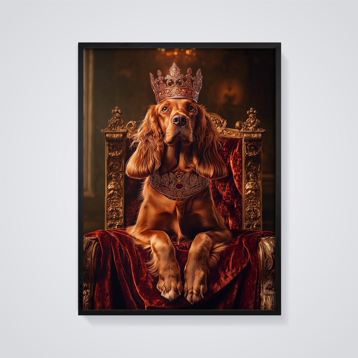 Regal Spaniel Throne Print Aesthetic framed in black on a grey background