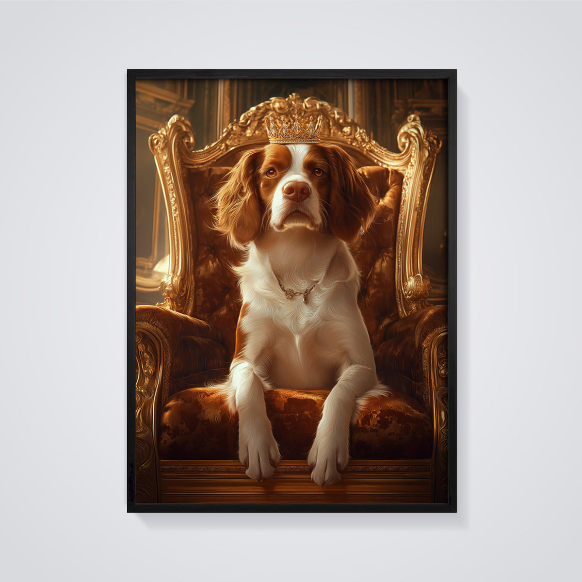 Regal Spaniel Throne Print framed in black on a grey background