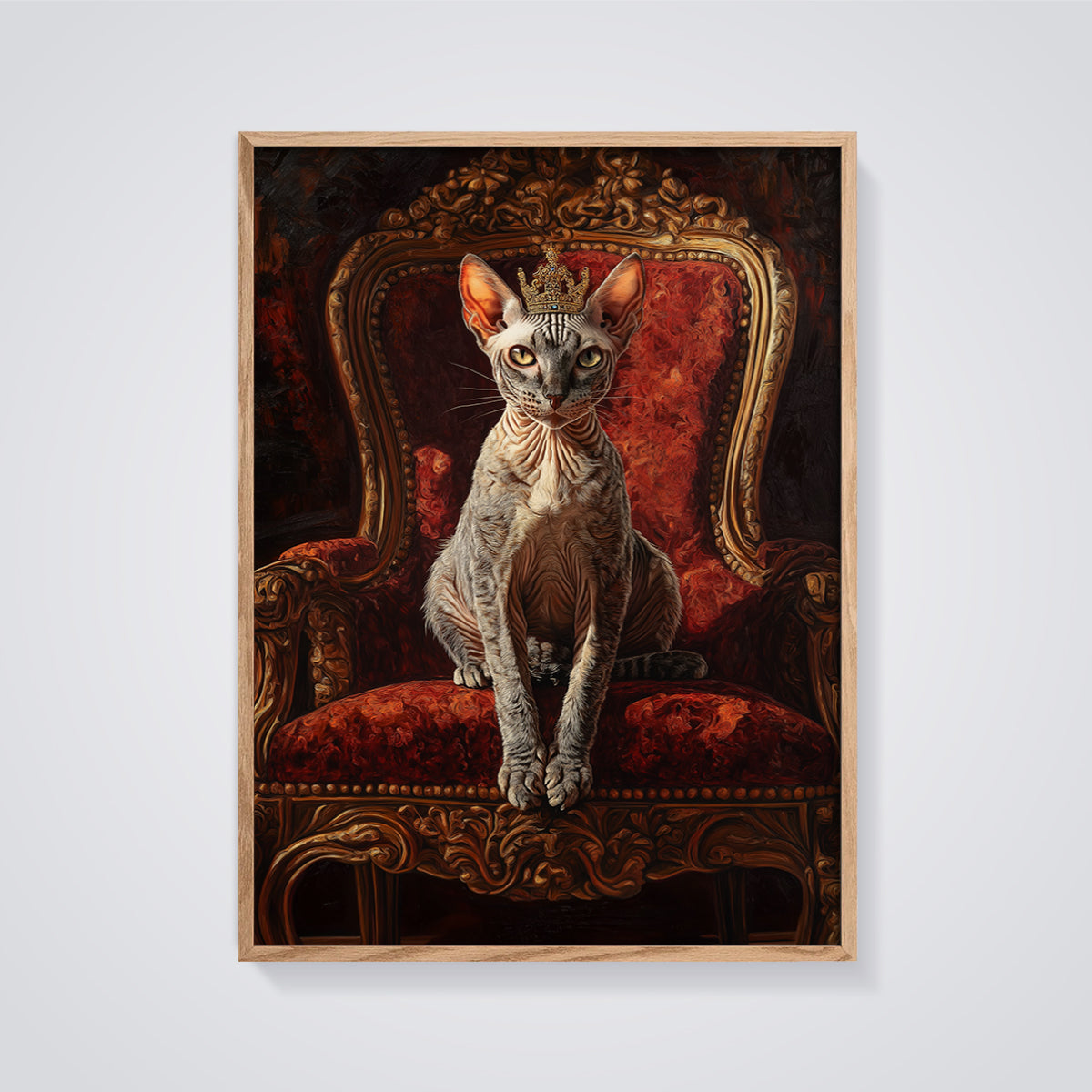 Regal Sphynx Cat Print framed in oak on a grey background