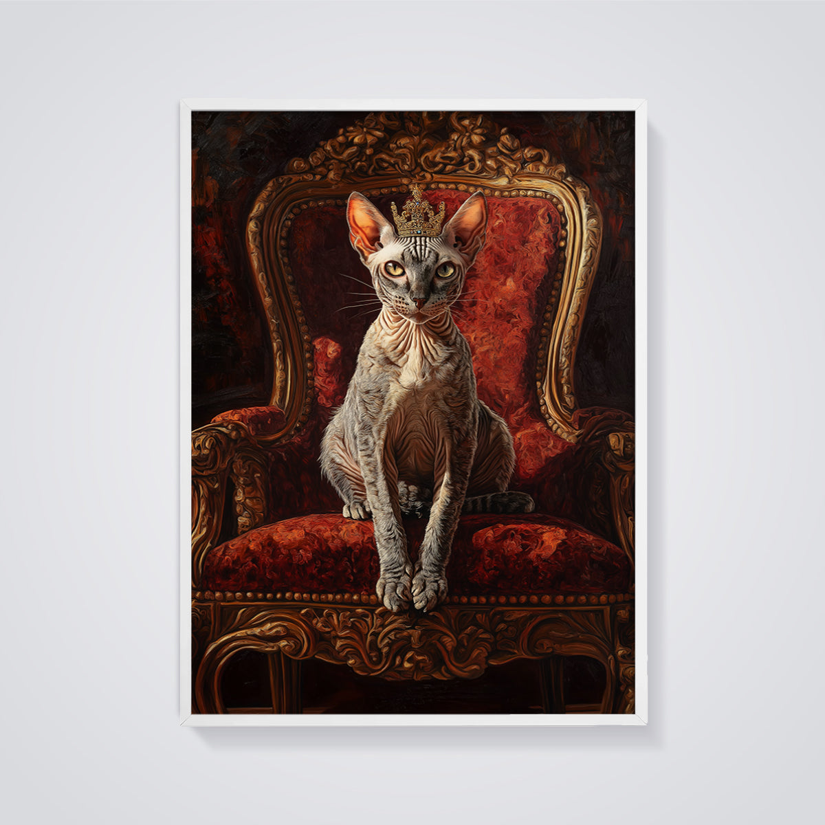 Regal Sphynx Cat Print framed in white on a grey background
