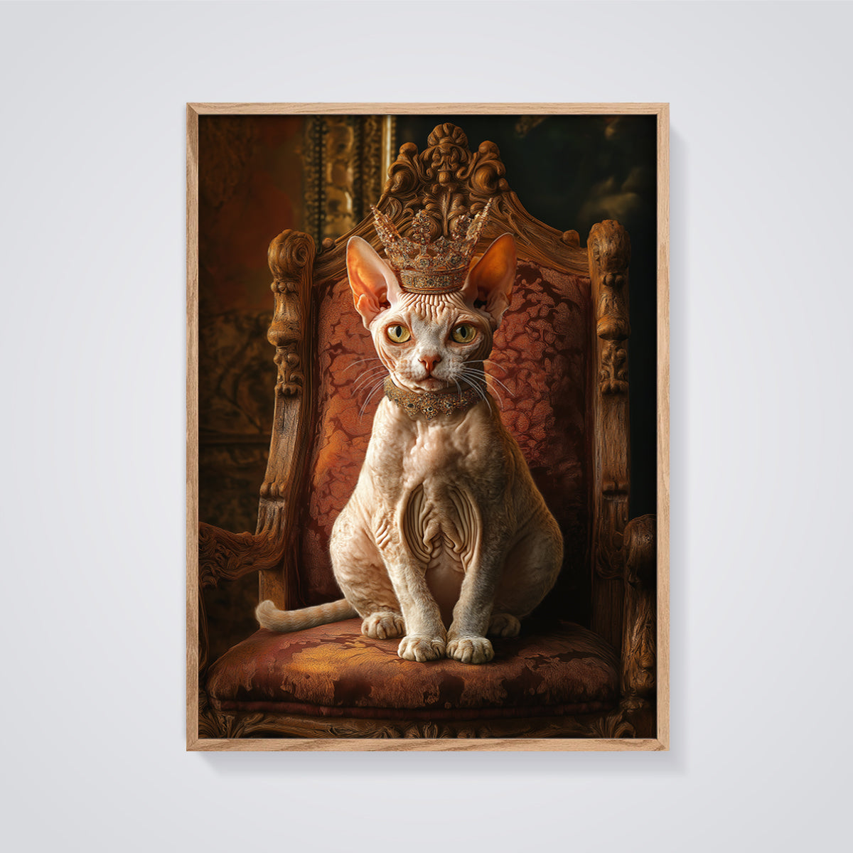 Regal Sphynx Cat Print Aesthetic framed in oak on a grey background