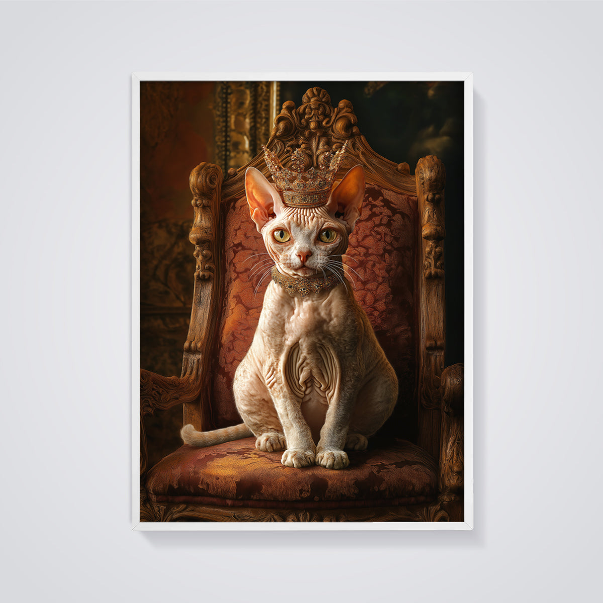 Regal Sphynx Cat Print Aesthetic framed in white on a grey background