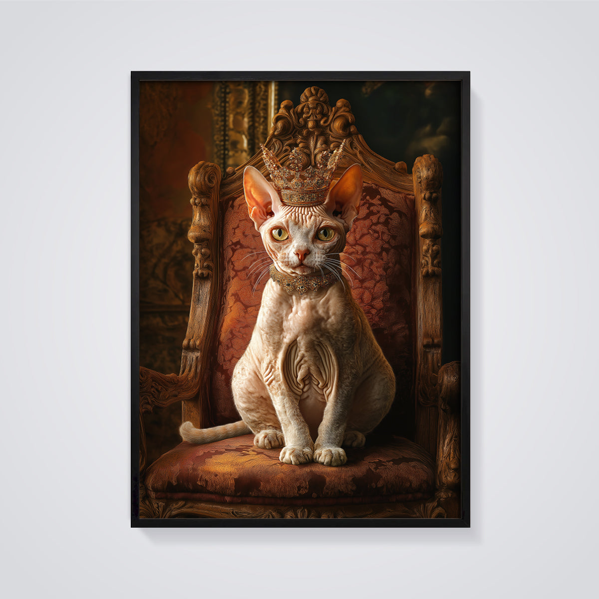 Regal Sphynx Cat Print Aesthetic framed in black on a grey background