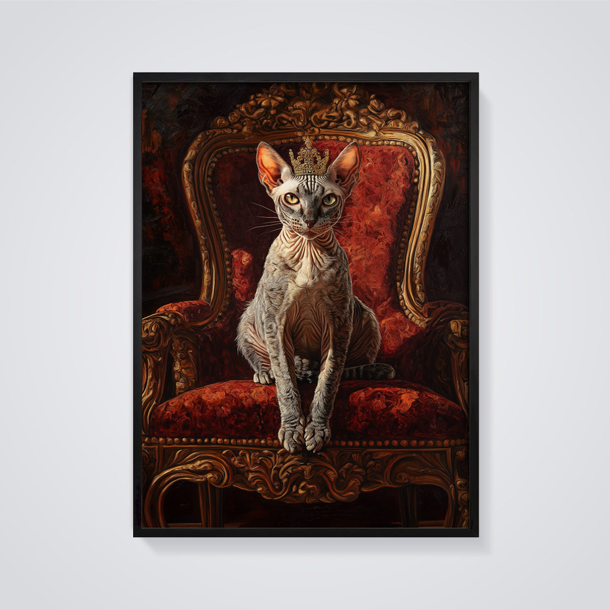 Regal Sphynx Cat Print framed in black on a grey background