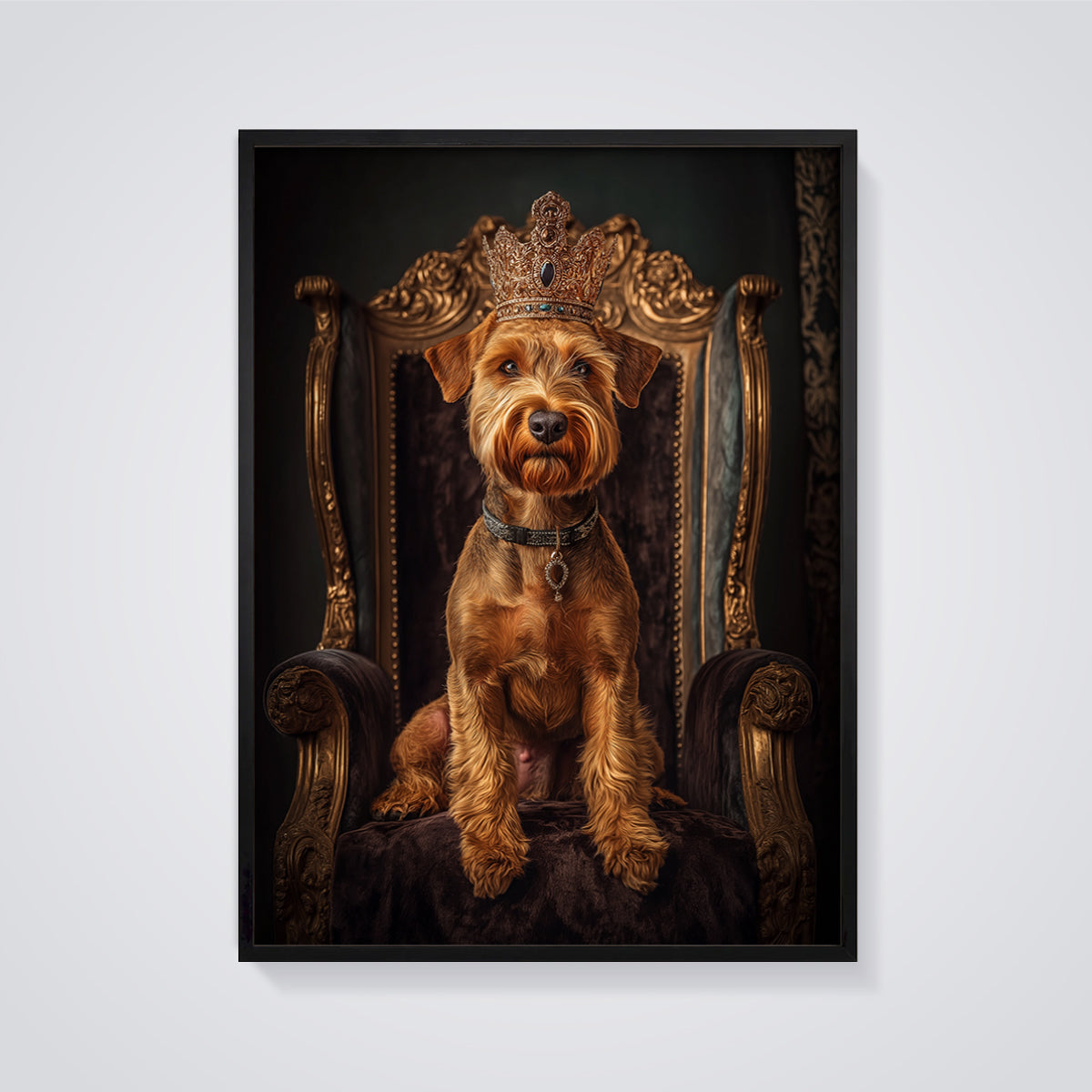 Regal Terrier King Print framed in black on a grey background