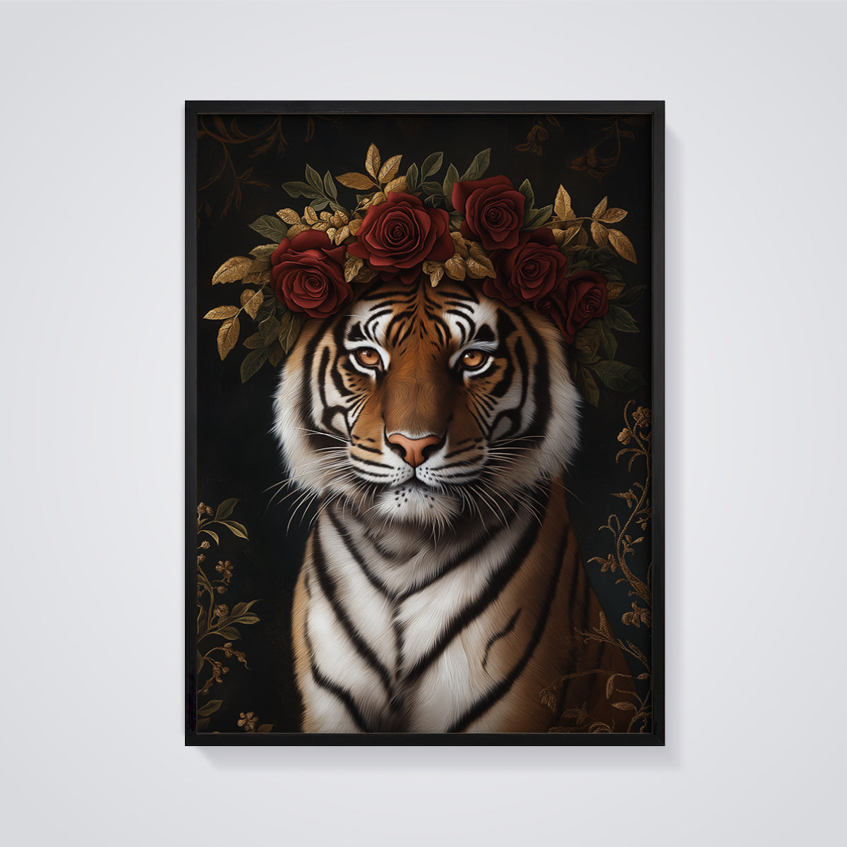 Regal Tiger Rose Crown Print framed in black on a grey background