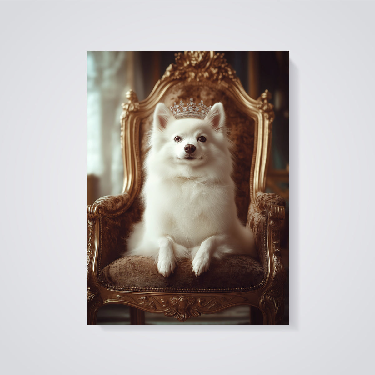 Regal White Dog Throne Print unframed on a grey background