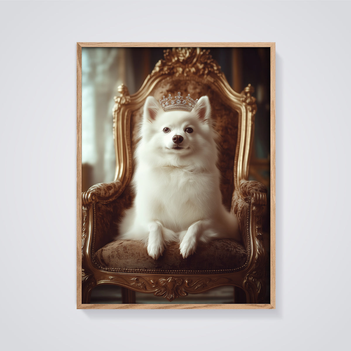 Regal White Dog Throne Print framed in oak on a grey background