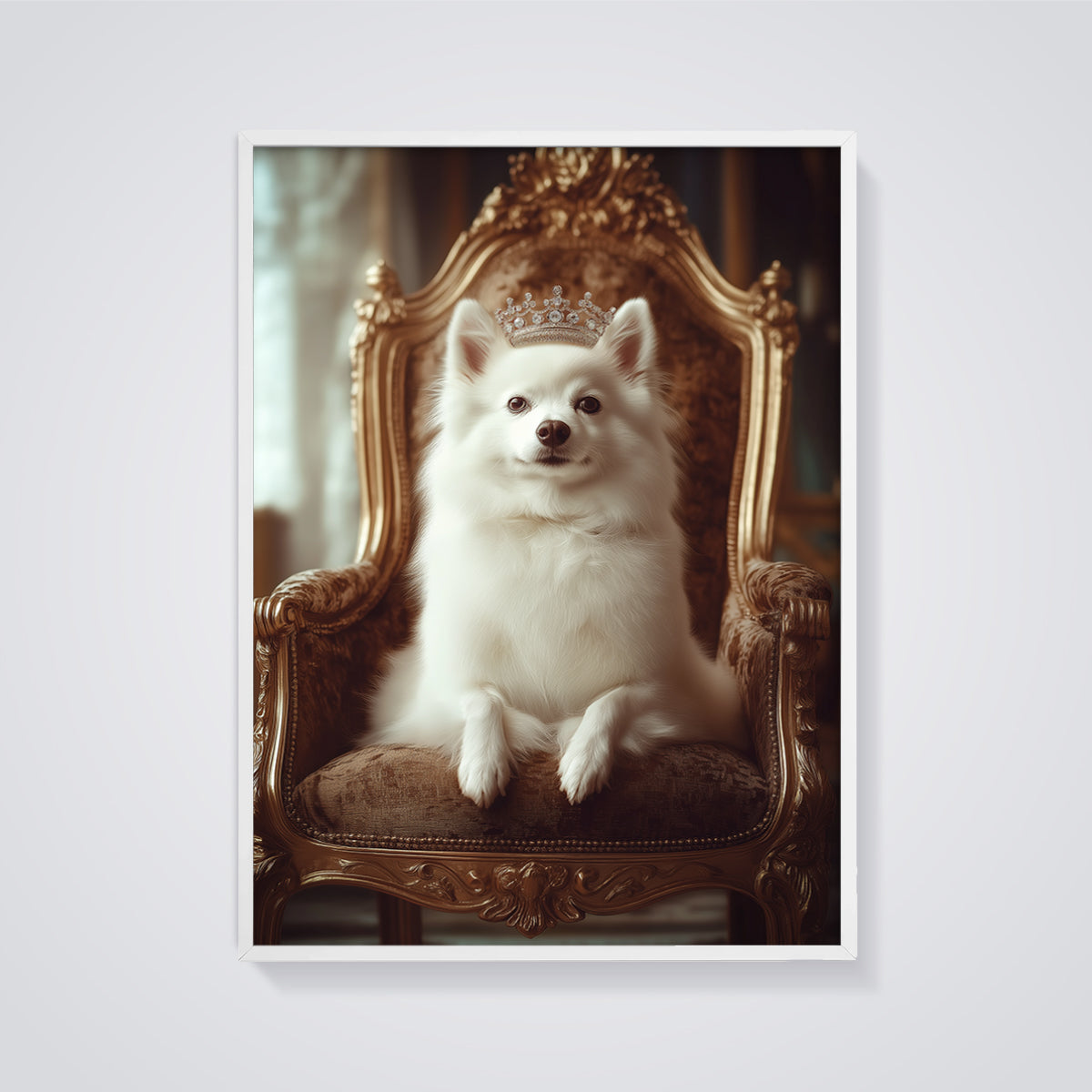 Regal White Dog Throne Print framed in white on a grey background