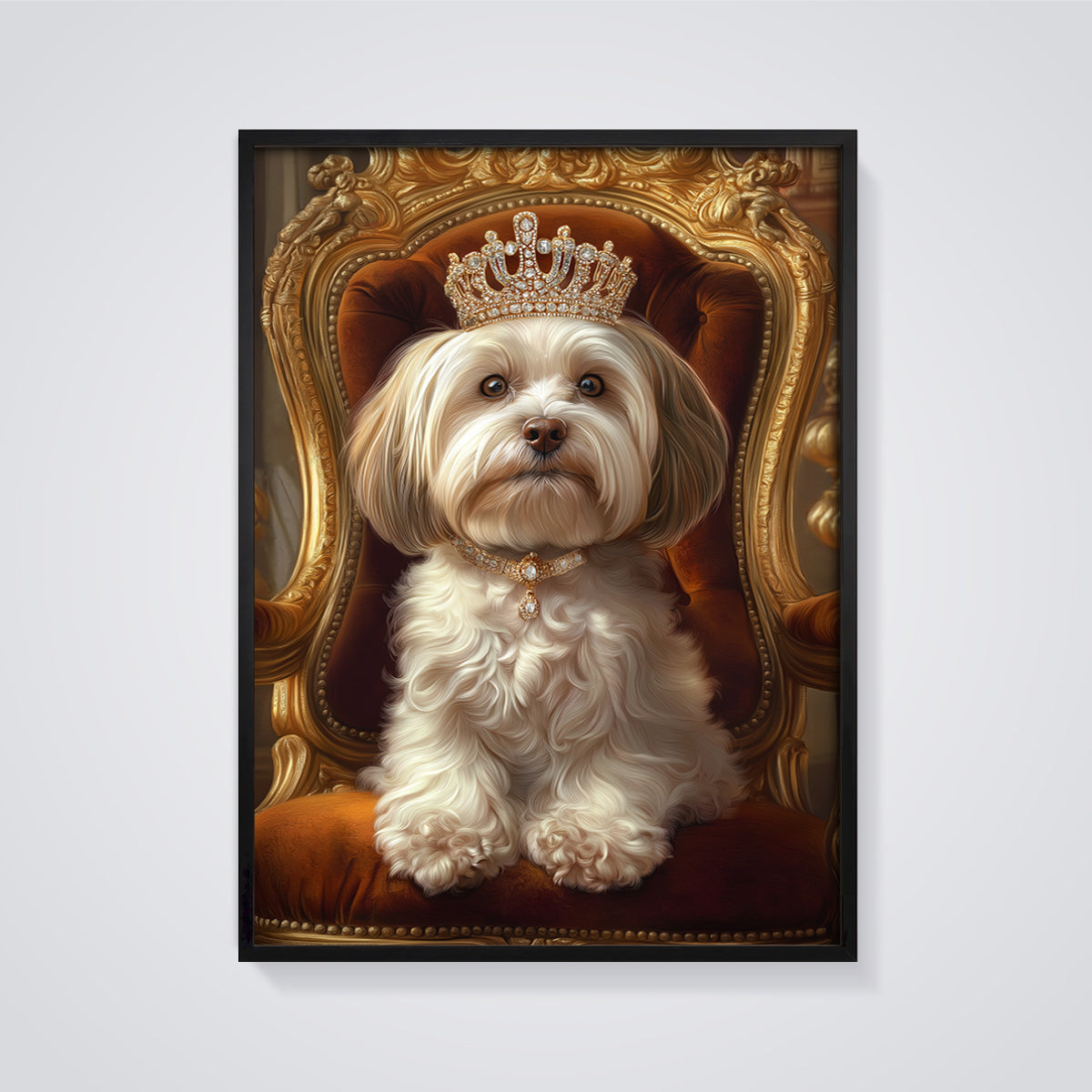Regal White Dog Throne Print Aesthetic framed in black on a grey background