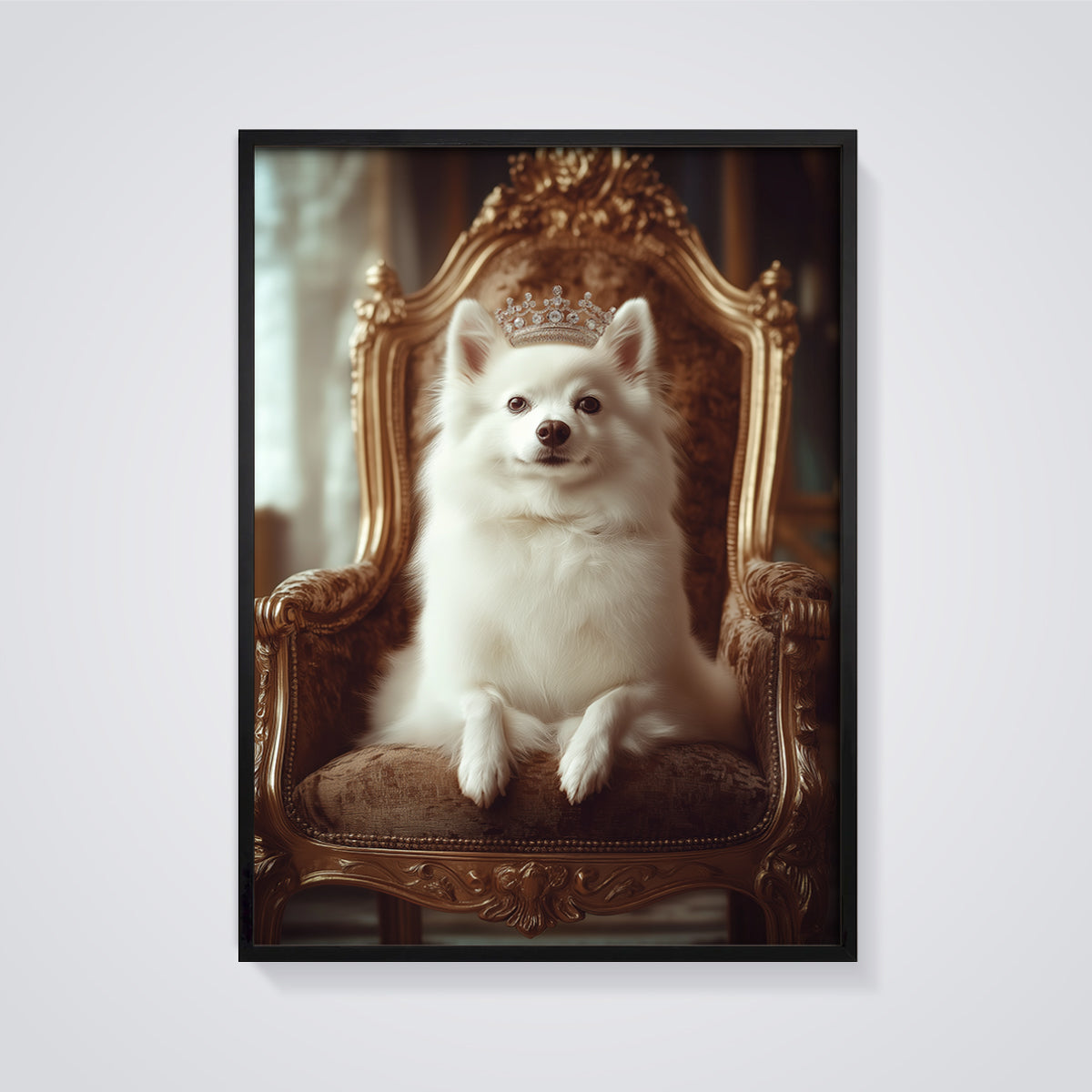 Regal White Dog Throne Print framed in black on a grey background