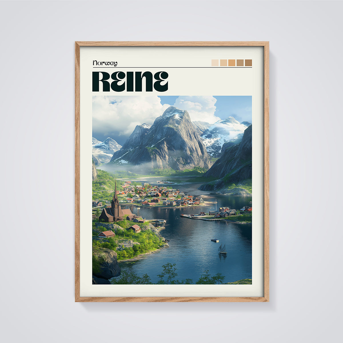 Reine Norway Village Print framed in oak on a grey background