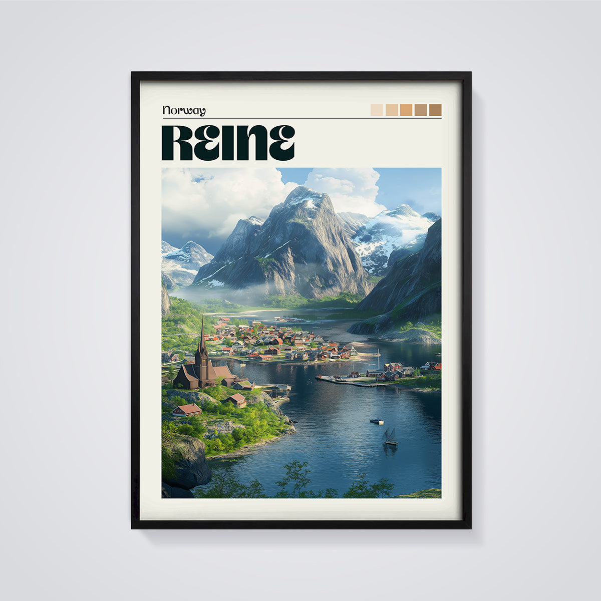 Reine Norway Village Print framed in black on a grey background