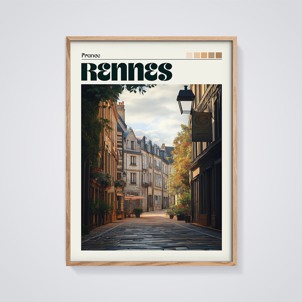 Rennes Old Town Street Print framed in oak on a grey background