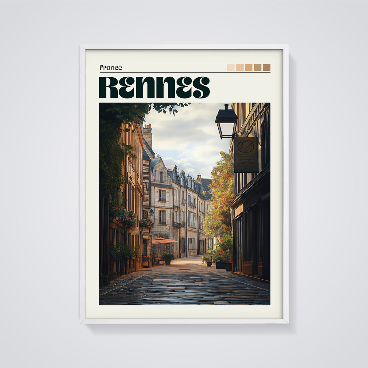 Rennes Old Town Street Print framed in white on a grey background