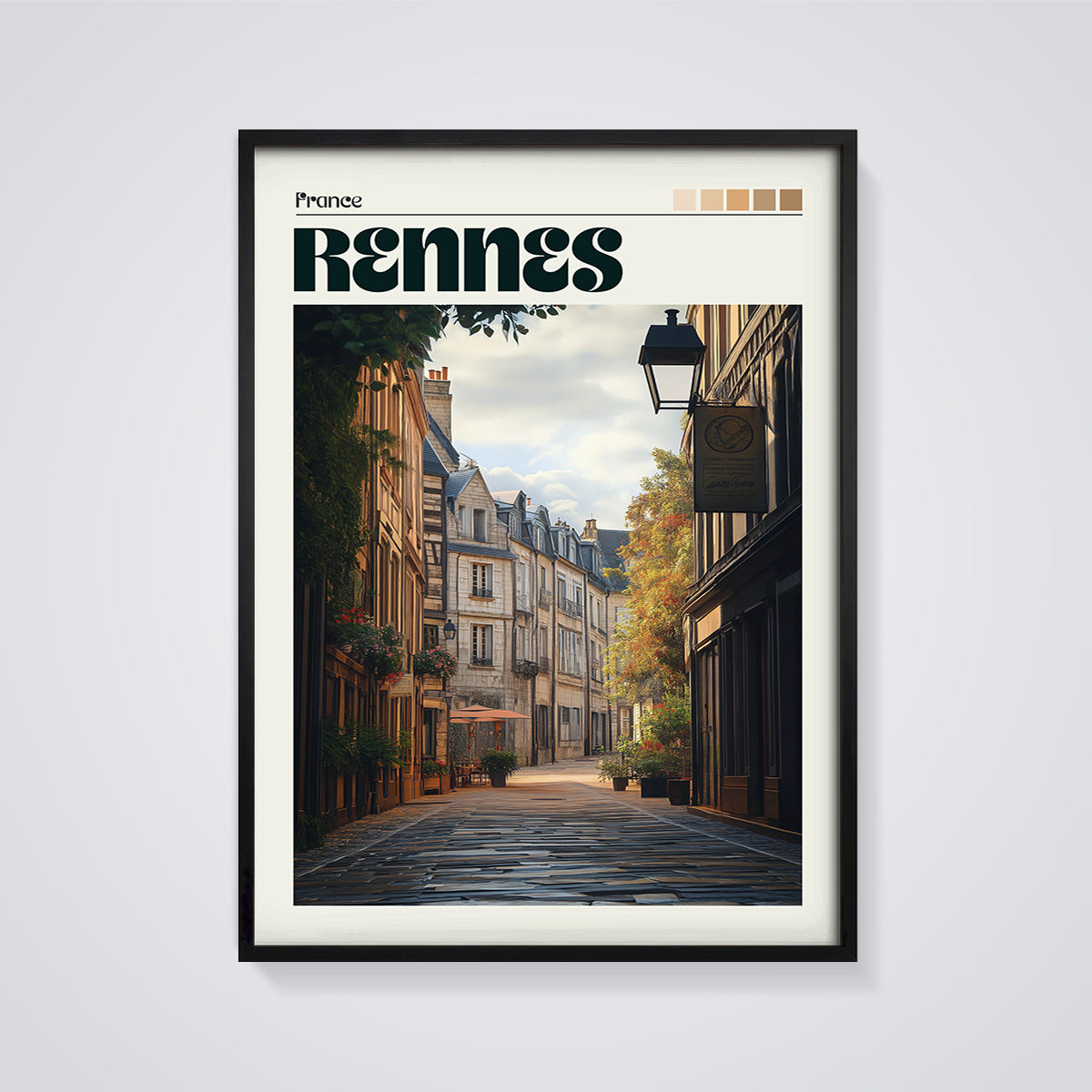 Rennes Old Town Street Print framed in black on a grey background