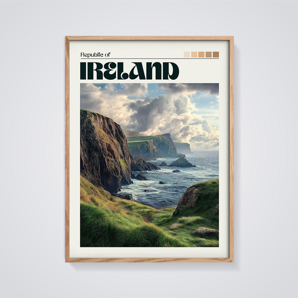 Republic of Ireland Coastal Cliffs Print framed in oak on a grey background