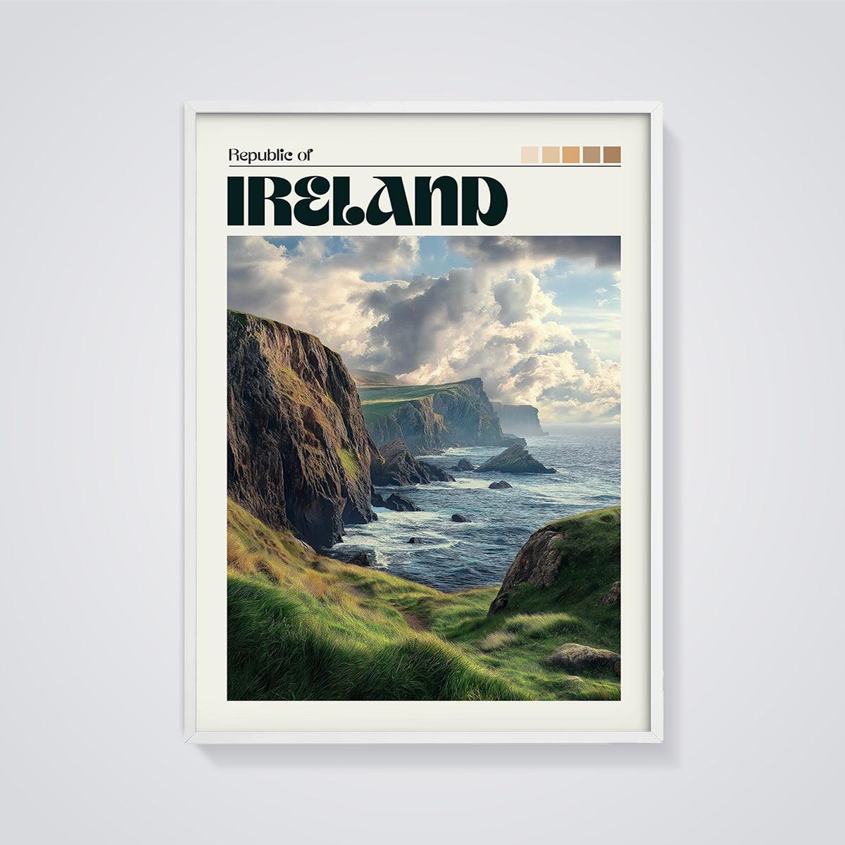Republic of Ireland Coastal Cliffs Print framed in white on a grey background