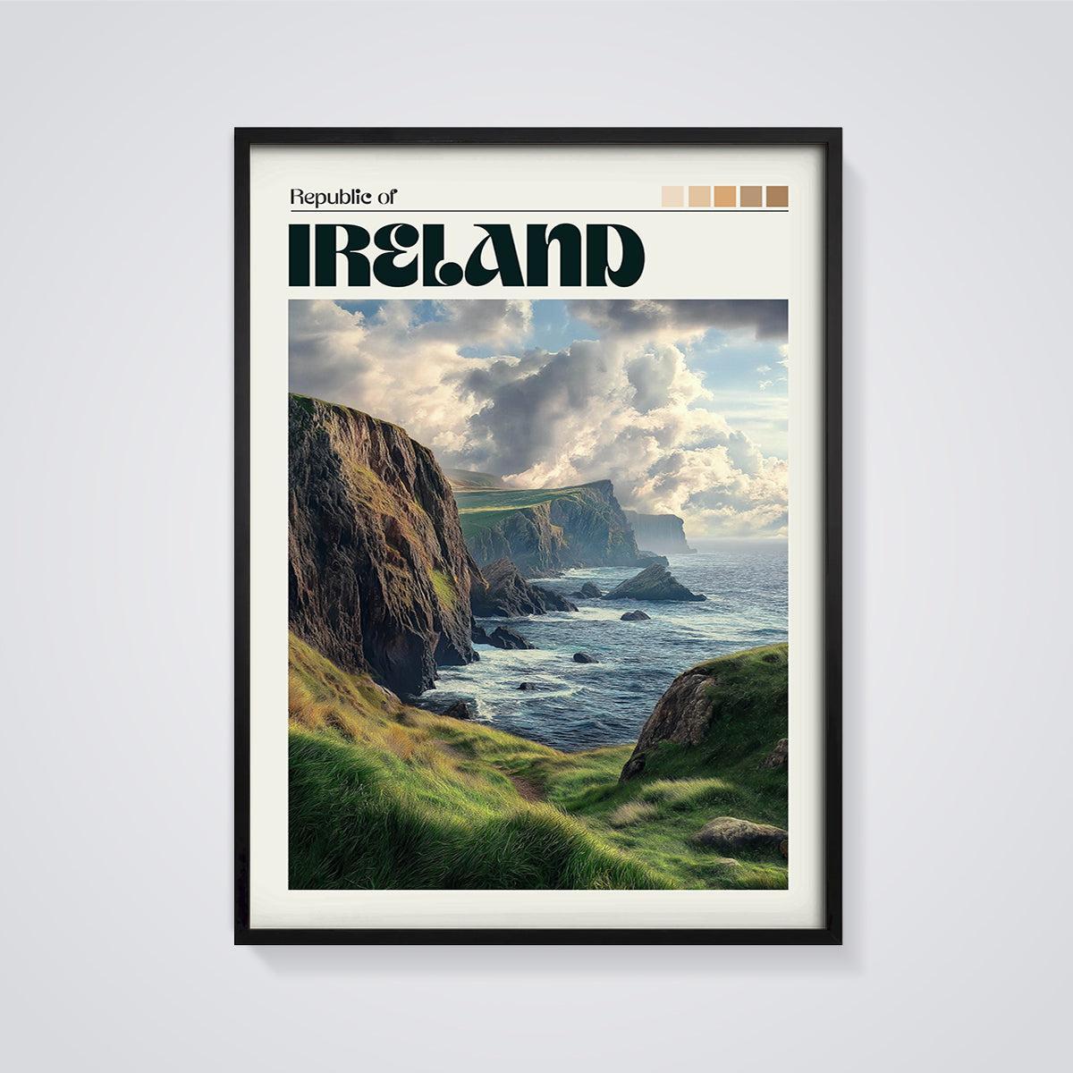 Republic of Ireland Coastal Cliffs Print framed in black on a grey background