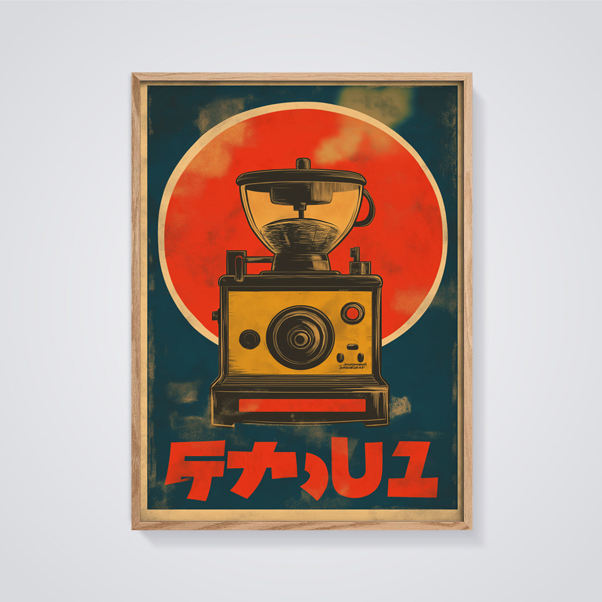 Retro Coffee Maker Print framed in oak on a grey background