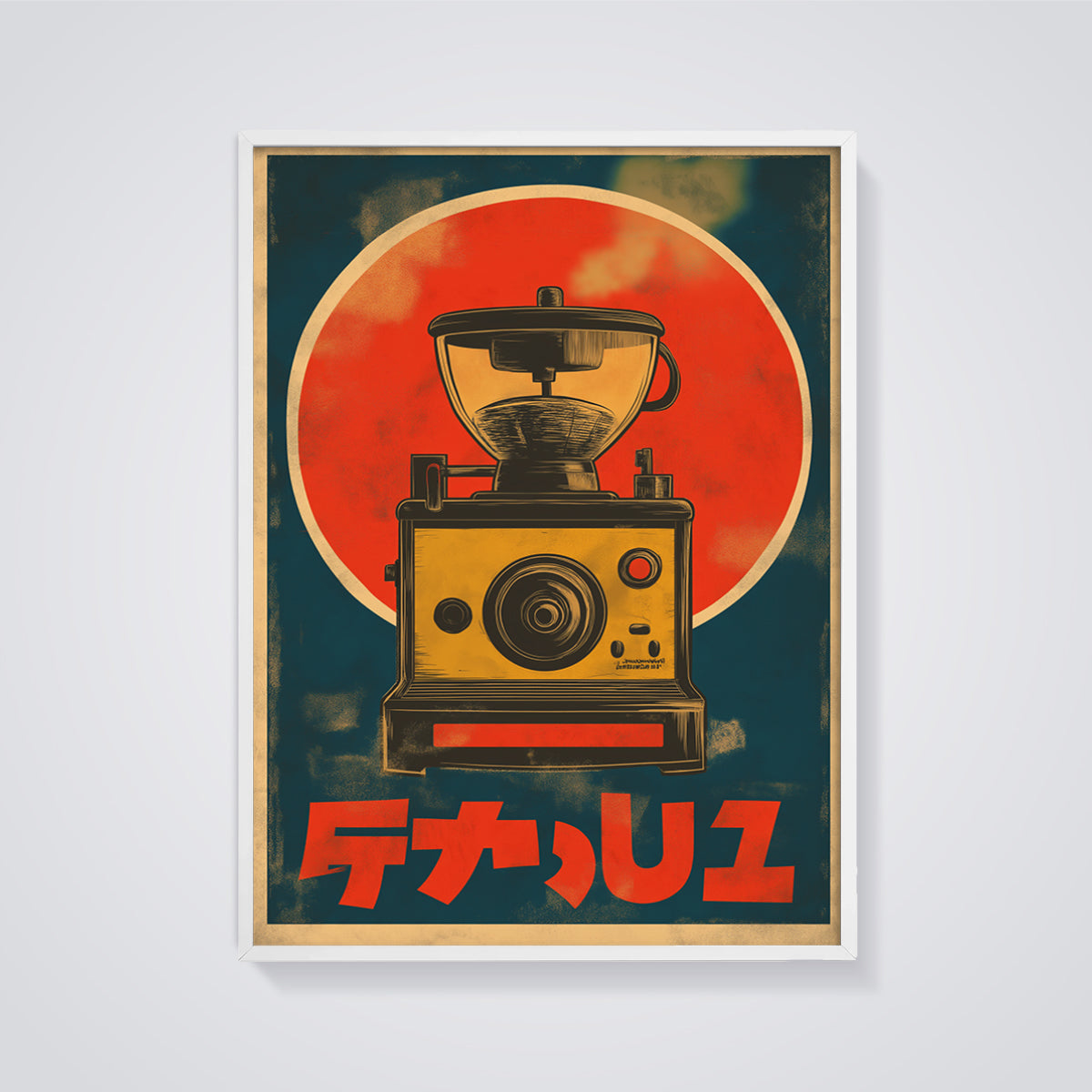 Retro Coffee Maker Print framed in white on a grey background