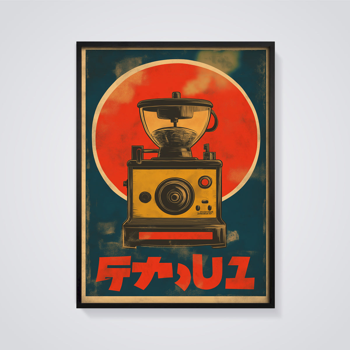 Retro Coffee Maker Print framed in black on a grey background