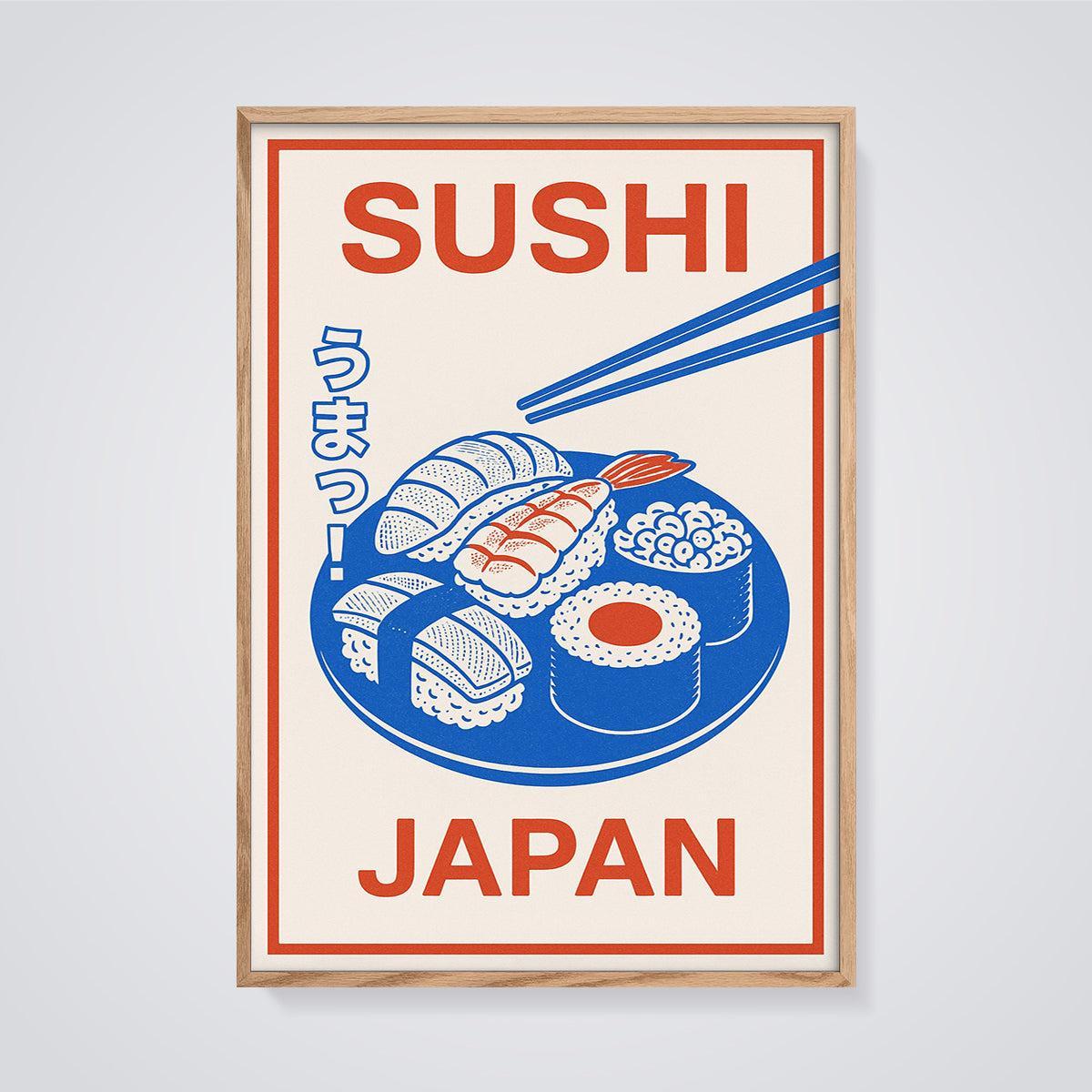 Retro Sushi Japan Print framed in oak on a grey background