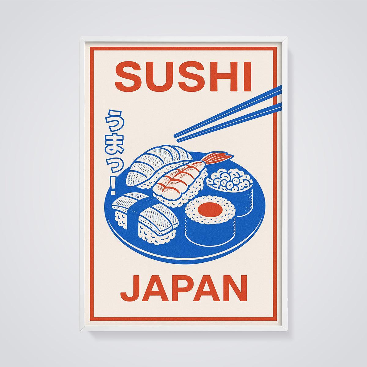Retro Sushi Japan Print framed in white on a grey background