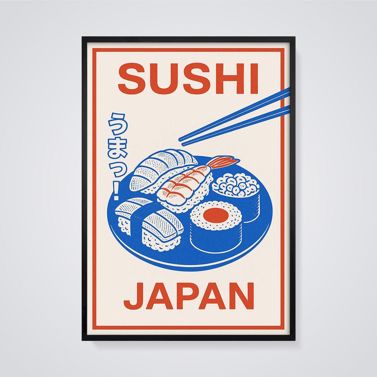 Retro Sushi Japan Print framed in black on a grey background