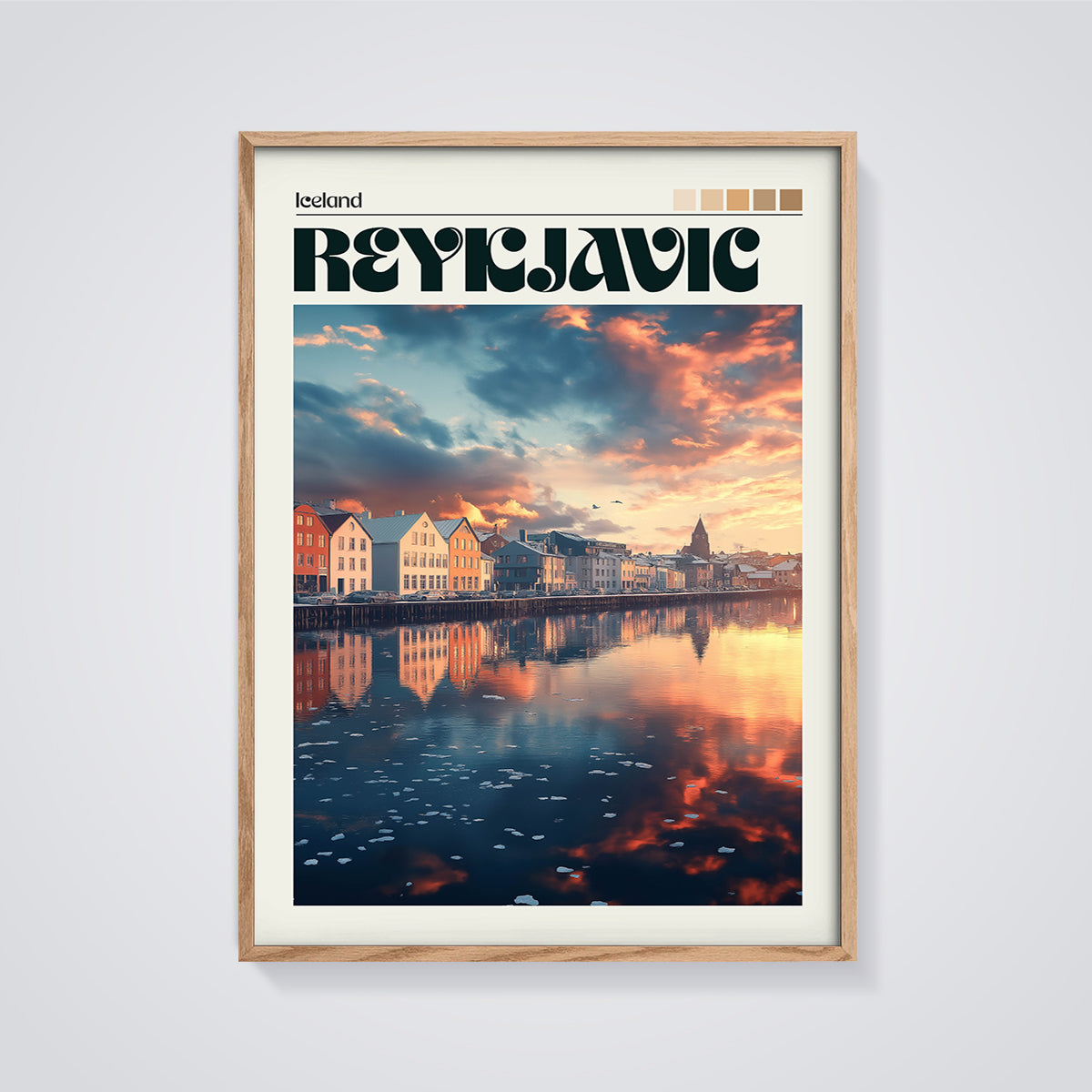 Reykjavik Sunset Harbor Print framed in oak on a grey background