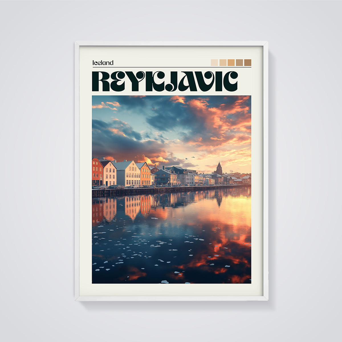 Reykjavik Sunset Harbor Print framed in white on a grey background