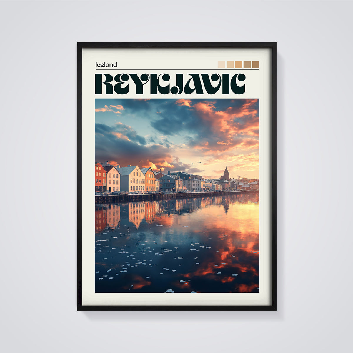 Reykjavik Sunset Harbor Print framed in black on a grey background