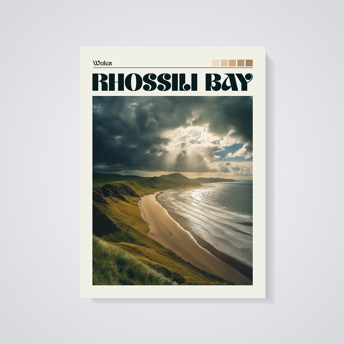 Rhossili Bay Sun Rays Print unframed on a grey background