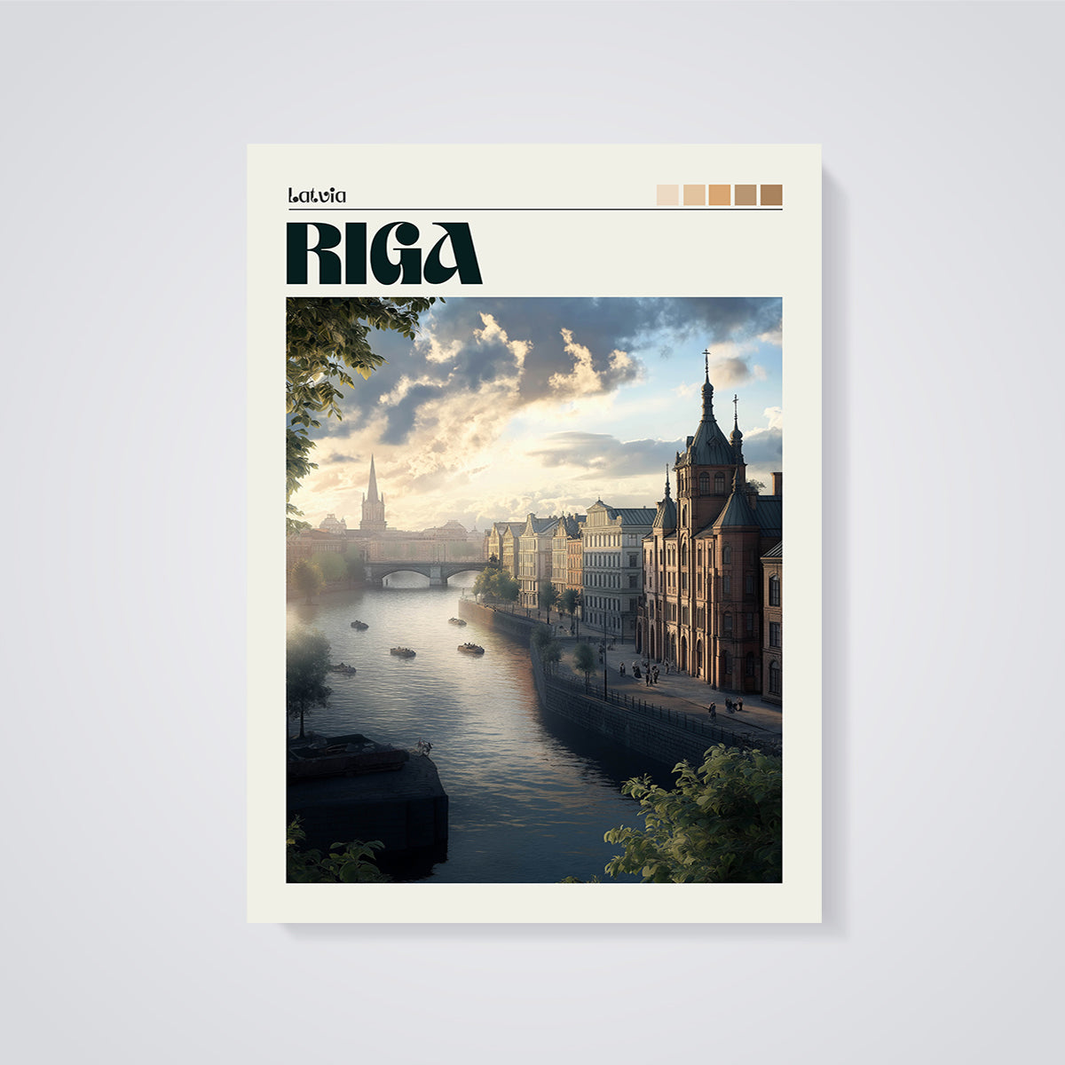 Riga Riverfront Cityscape Print unframed on a grey background