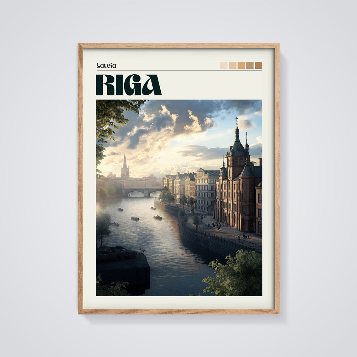 Riga Riverfront Cityscape Print framed in oak on a grey background