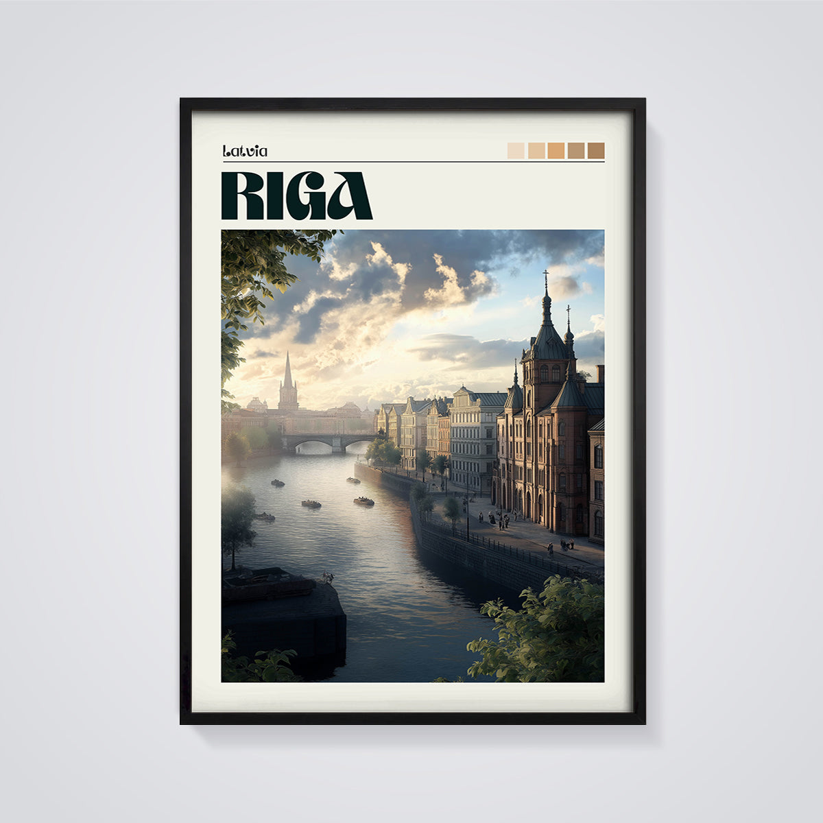 Riga Riverfront Cityscape Print framed in black on a grey background