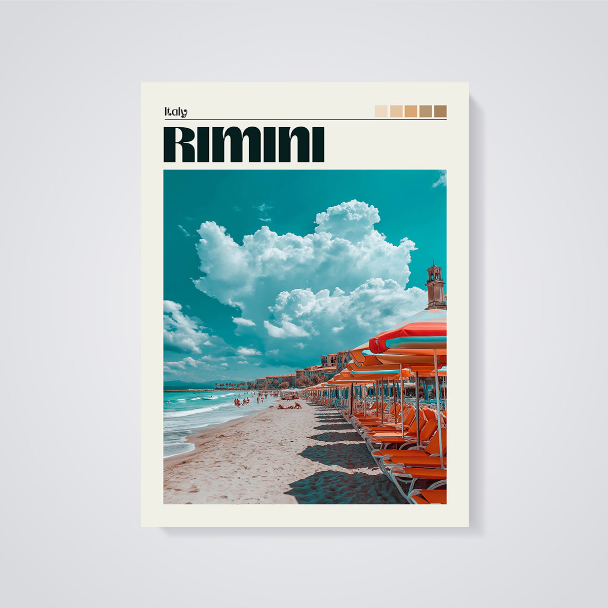 Rimini Beach Umbrellas Print unframed on a grey background