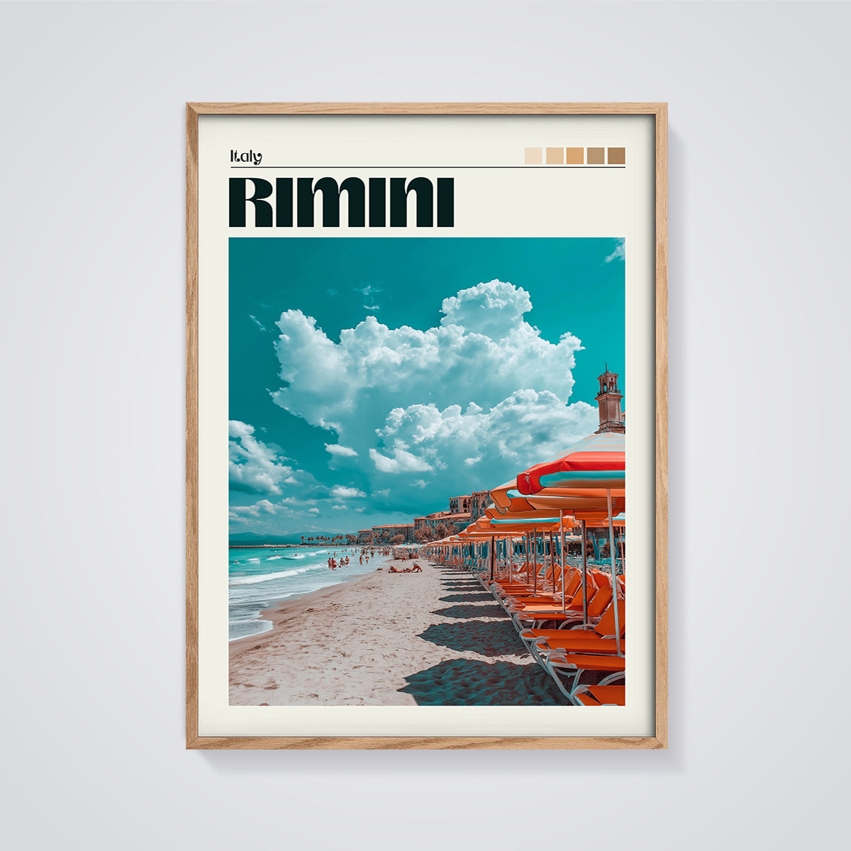 Rimini Beach Umbrellas Print framed in oak on a grey background
