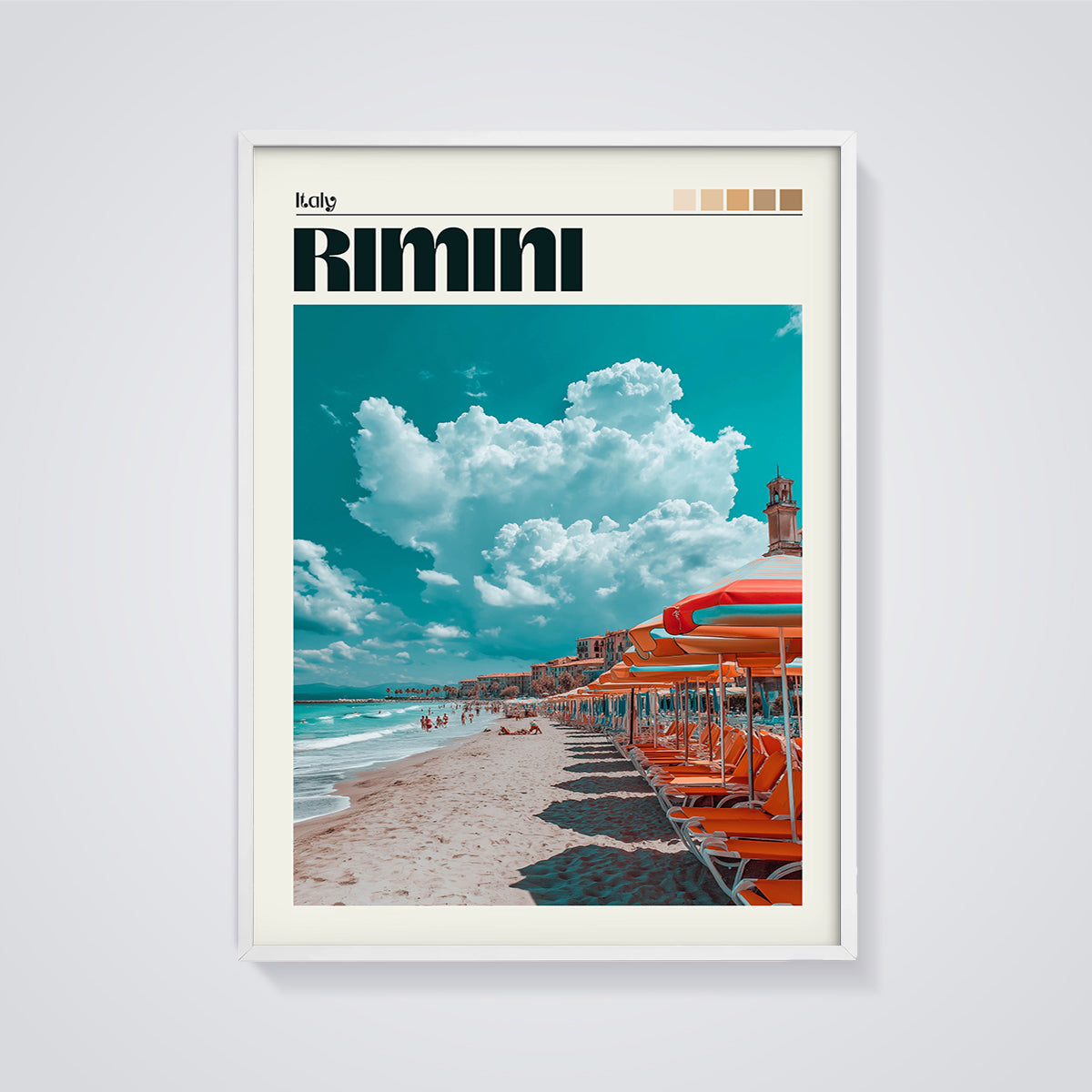 Rimini Beach Umbrellas Print framed in white on a grey background