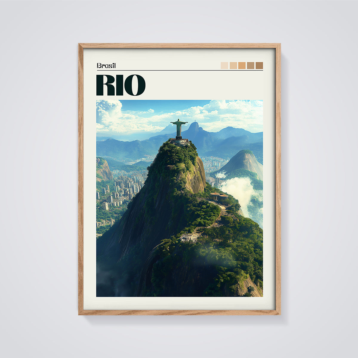 Rio Christ the Redeemer Print framed in oak on a grey background