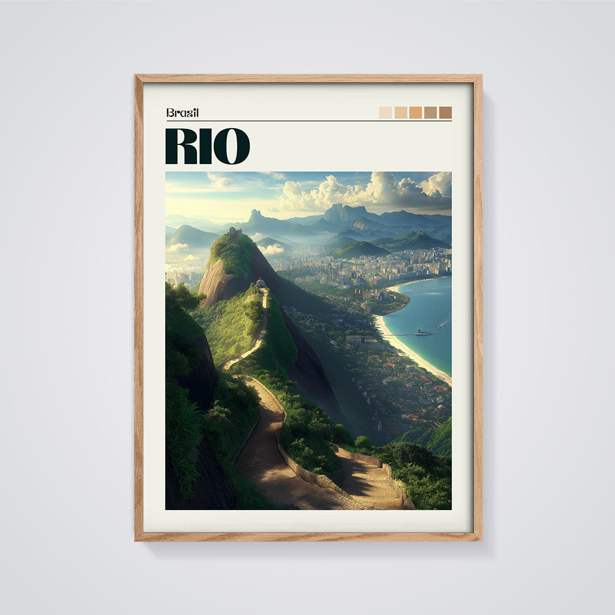 Rio de Janeiro Panoramic Print framed in oak on a grey background