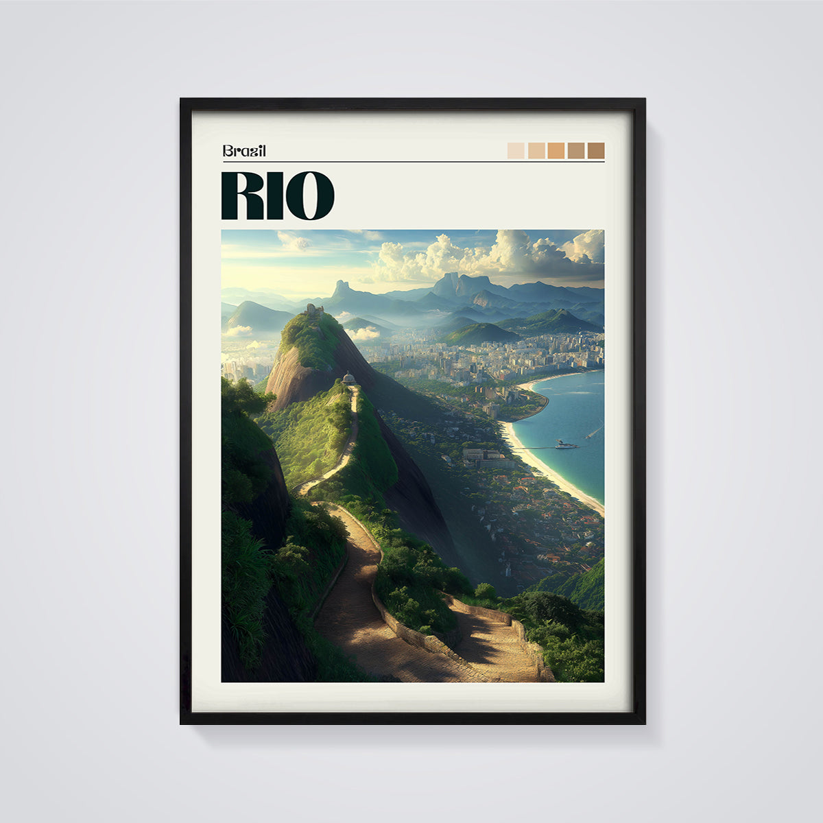 Rio de Janeiro Panoramic Print framed in black on a grey background