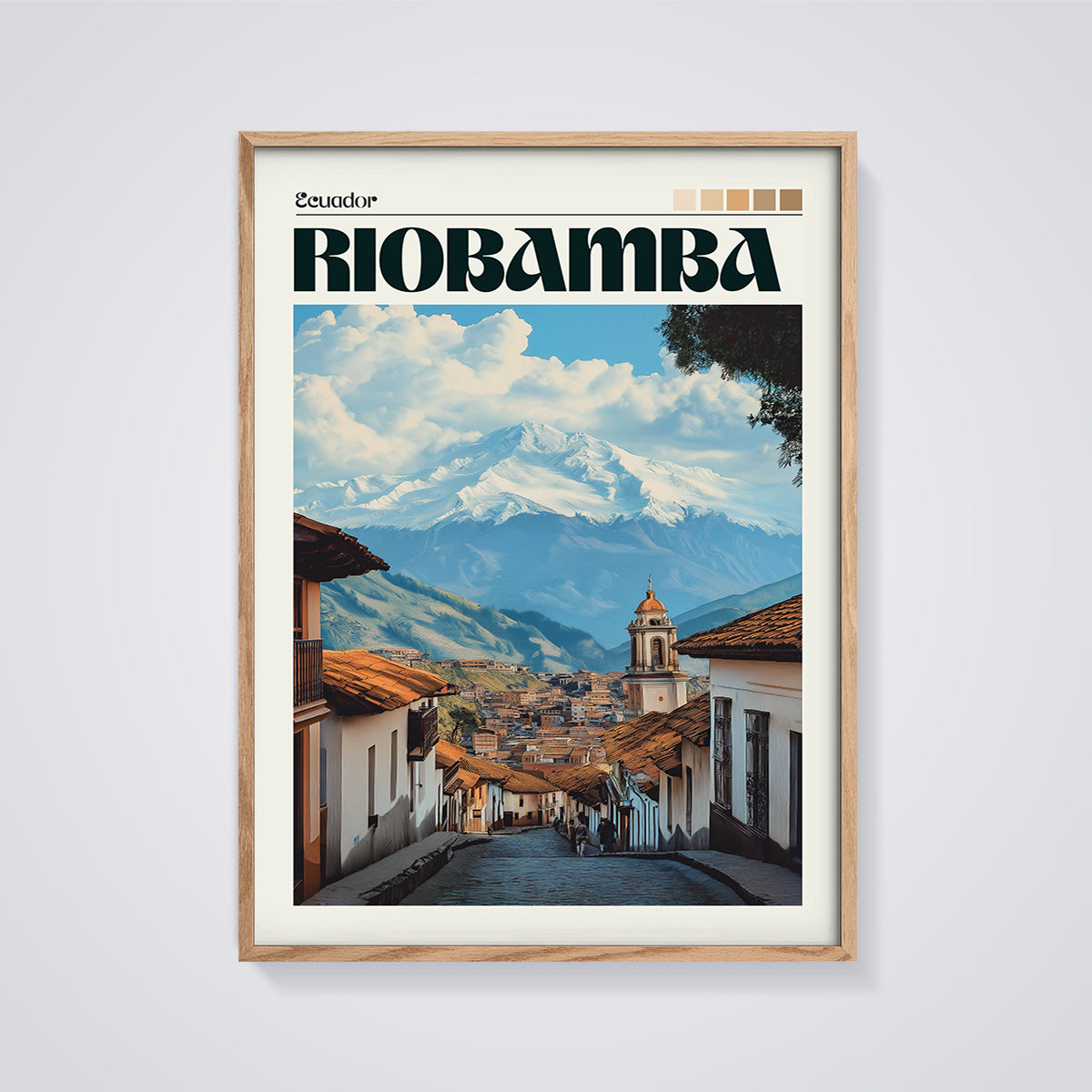 Riobamba Ecuador Mountain City Print framed in oak on a grey background