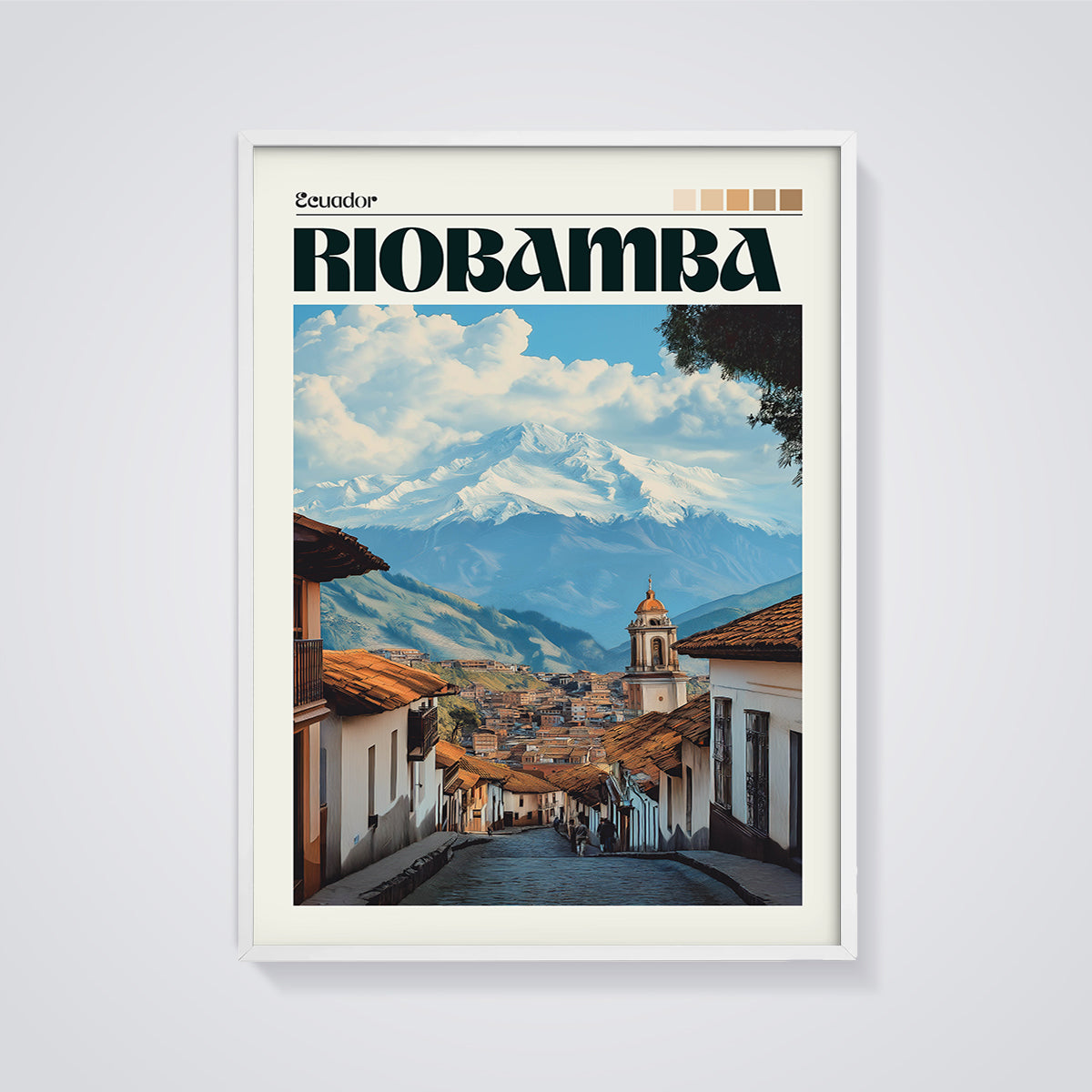 Riobamba Ecuador Mountain City Print framed in white on a grey background